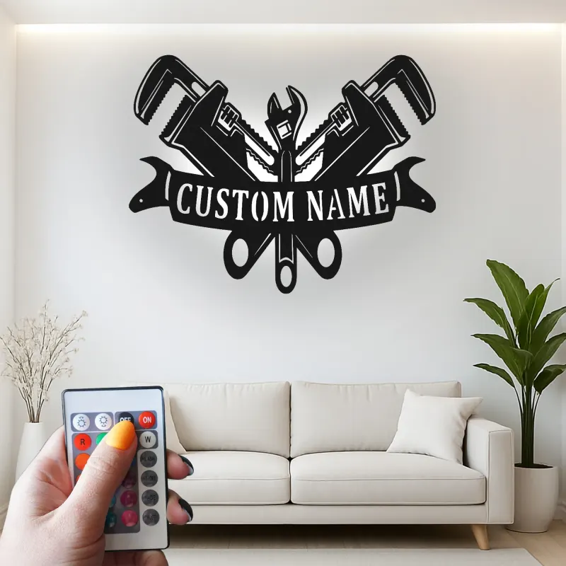 Custom Plumber LED Sign | Personalized Metal Tool Art | Workshop & Garage Decor | Pipe Wrench Wall Light