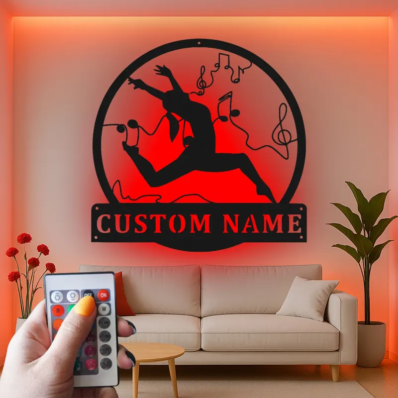 Personalisierte LED-Metall-Wandkunst mit Tänzer und Noten – Geschenk für Tanzliebhaber, Studio- oder Schlafzimmerdeko