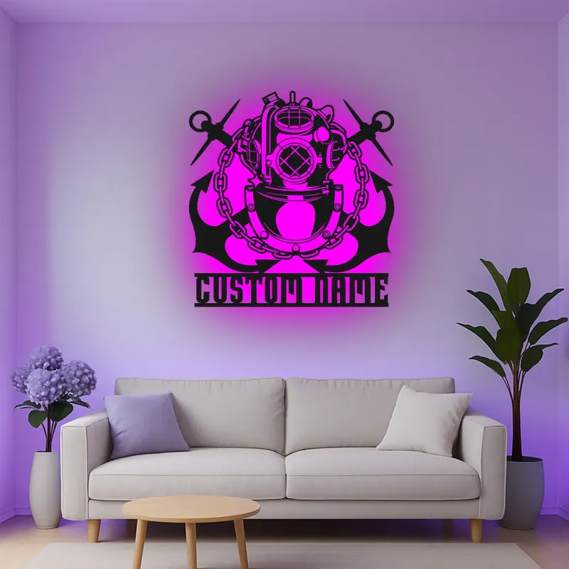 Cartel de metal personalizado con casco de buzo, regalo iluminado LED para amantes del mar