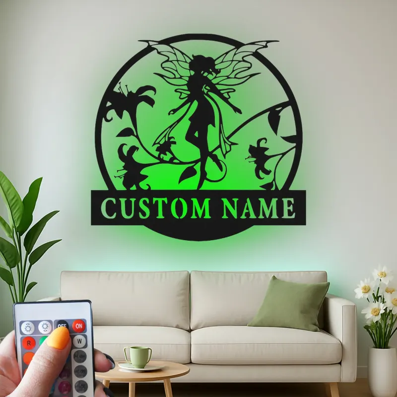 Personalisierte Feen-Namensschild | LED Metall-Wandkunst für das Mädchenzimmer | Individuelle Babyzimmer-Dekoration | Verzauberndes Feen-Garten-Geschenk