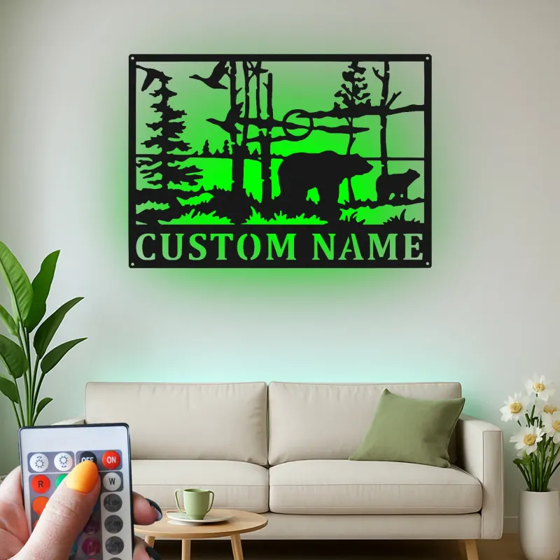 Custom Bear Forest Scene Led Light Metal Wall Art Personalized Wildlife Gift Cabin Decor for Nature Lovers