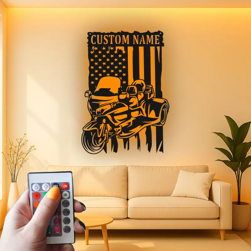 Art Métal LED Moto Personnalisé | Panneau Biker Drapeau Américain | Décor de Garage & Man Cave | Cadeau Unique pour Motard