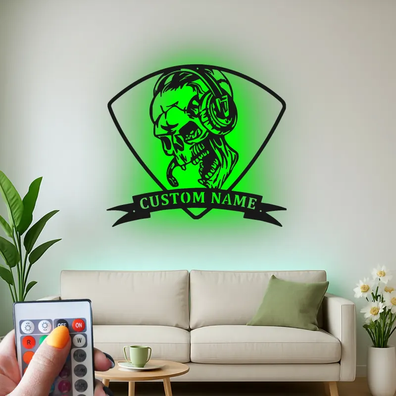 Gamer Skull LED Metal Wall Art | Personalized Name Sign for Gaming Room | Custom RGB Backlit Decor | Gift for Gamers