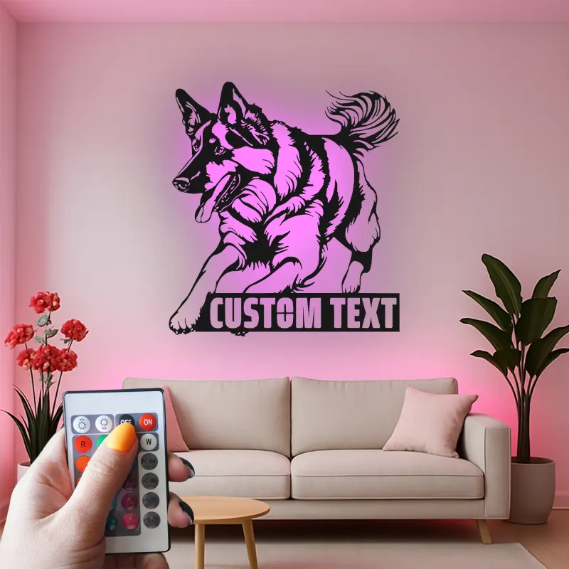 Arte da parete LED in metallo con Pastore Tedesco | Insegna personalizzata con nome del cane | Regalo commemorativo personalizzato per amanti dei cani