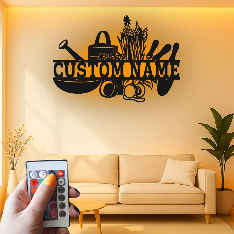 Cartel de jardín personalizado con luces LED | Decoración mural de metal personalizada | Decoración exterior para patio | Regalo para jardineros