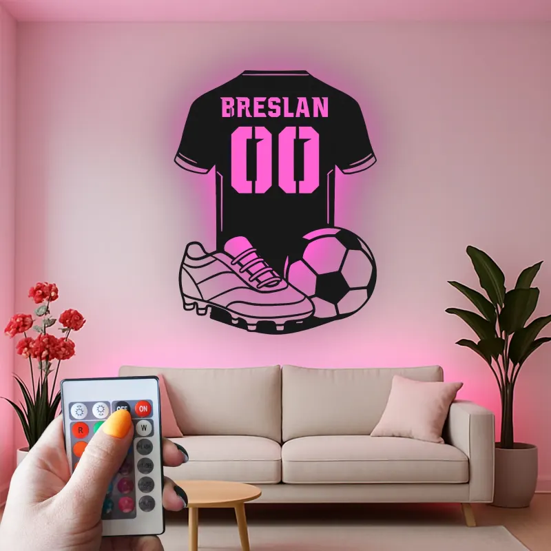 Insegna LED a forma di maglia di calcio personalizzata | Arte murale in metallo per camera di giocatore | Regalo per tifosi di calcio con nome e numero