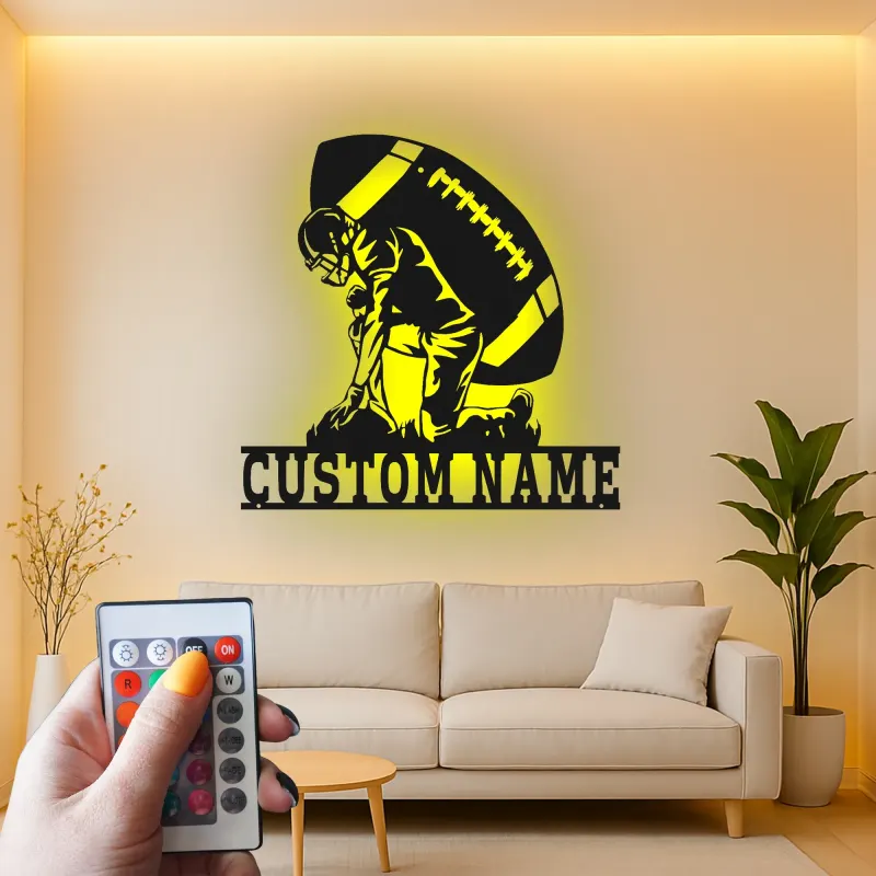 Custom Football Player LED Sign | Personalized Metal Wall Art for Teen Room | Sports Fan Gift | Athlete Decor