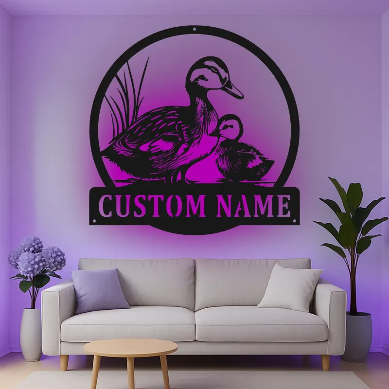 Custom Duck Family Led Light Metal Wall Art Personalized Nature Lover Gift Living Room Wildlife Decor