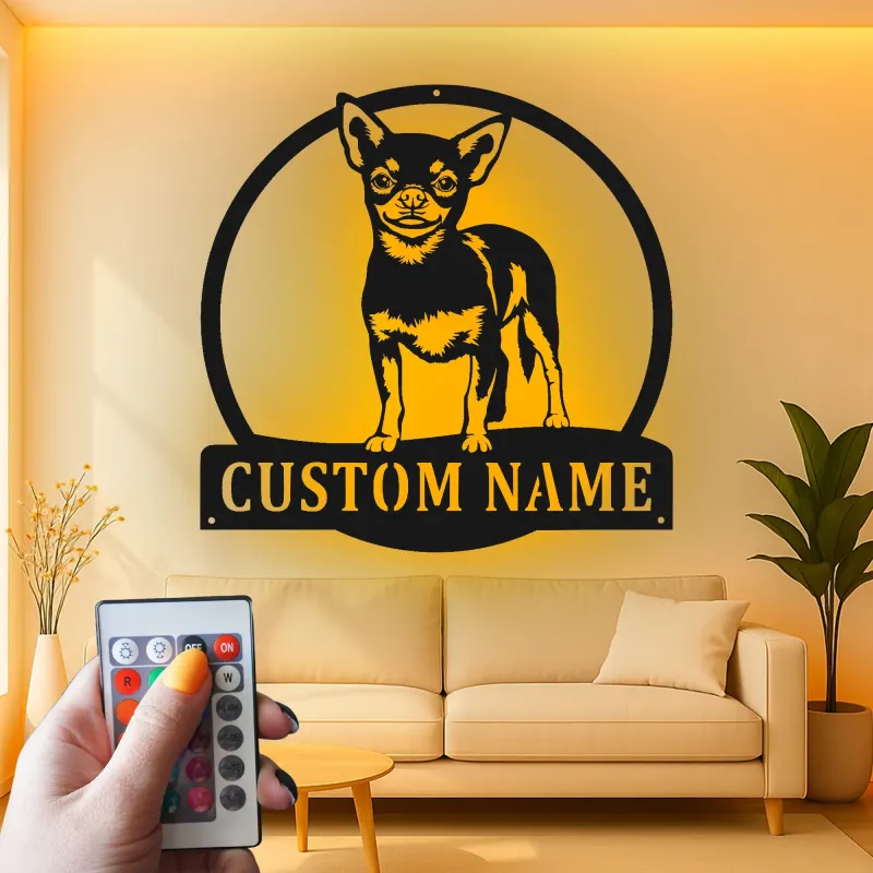 Décoration murale en métal personnalisée Chihuahua avec Rétroéclairage - Cadeau pour Amateurs de Chiens - Décor de Salon
