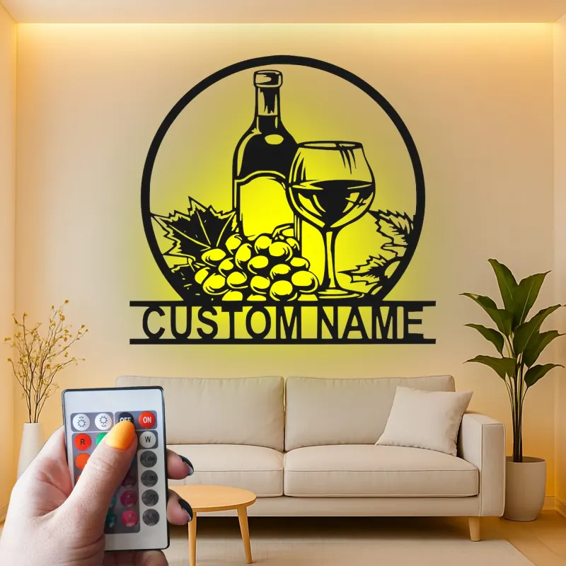 Custom Wine Bottle and Glass Led Light Metal Wall Art Personalized Wine Lover Gift Kitchen or Bar Decor