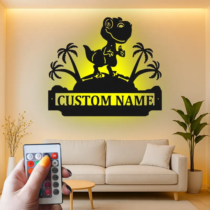 Cartel de metal LED de dinosaurio personalizado para regalo de habitación infantil, decoración de guardería con diseño de T-Rex