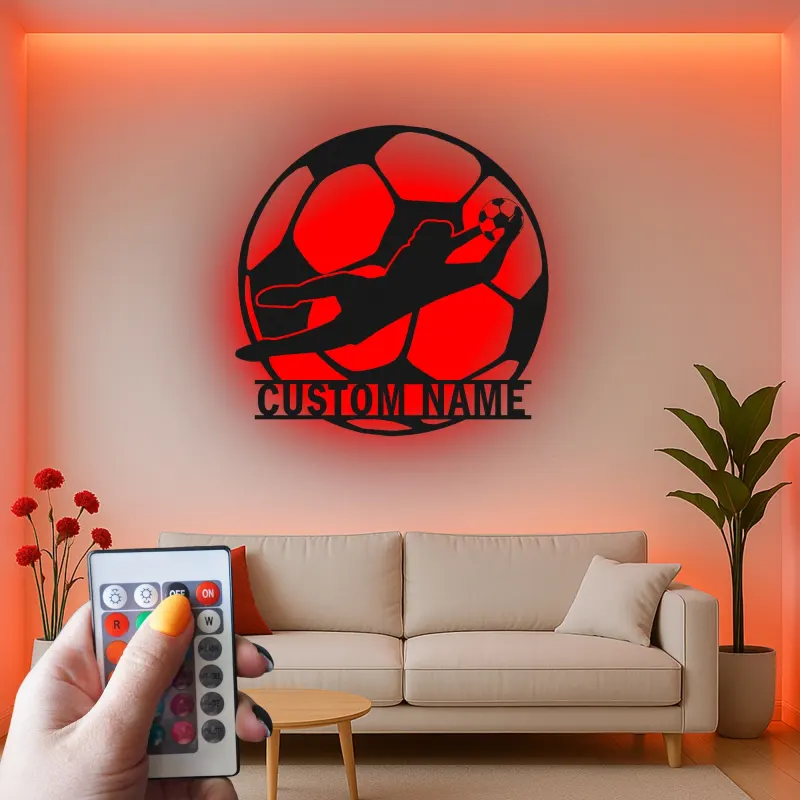 Letrero metálico personalizado de portero | Arte mural LED de fútbol | Decoración con nombre a medida para habitación del jugador | Regalo para aficionados al deporte