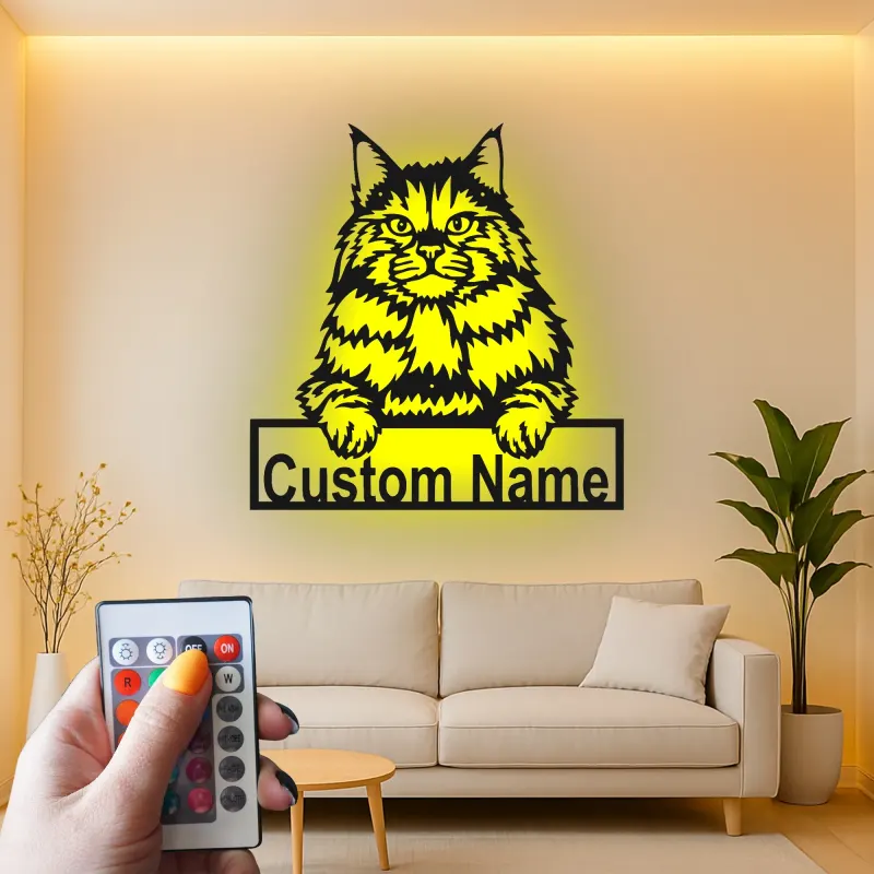 Cartel de metal personalizado de gato Maine Coon con luz LED regalo para amantes de mascotas decoración para salones