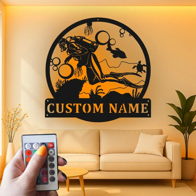 Insegna in Metallo Personalizzata per Subacqueo | Arte da Parete LED Oceanica | Targa Nome Personalizzata per Regalo per Subacqueo | Decorazione Nautica per Casa e Ufficio