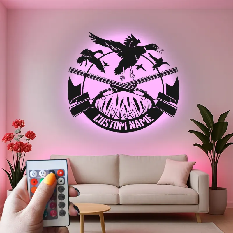 Personalisierte LED-Metall-Wandkunst mit Entenjagd-Motiv – Geschenk für Jäger, Männerhöhle oder Hüttendeko
