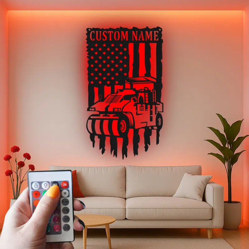 Road Roller Metal Wall Art | Personalized Construction LED Sign | American Flag Heavy Equipment Decor for Office or Garage