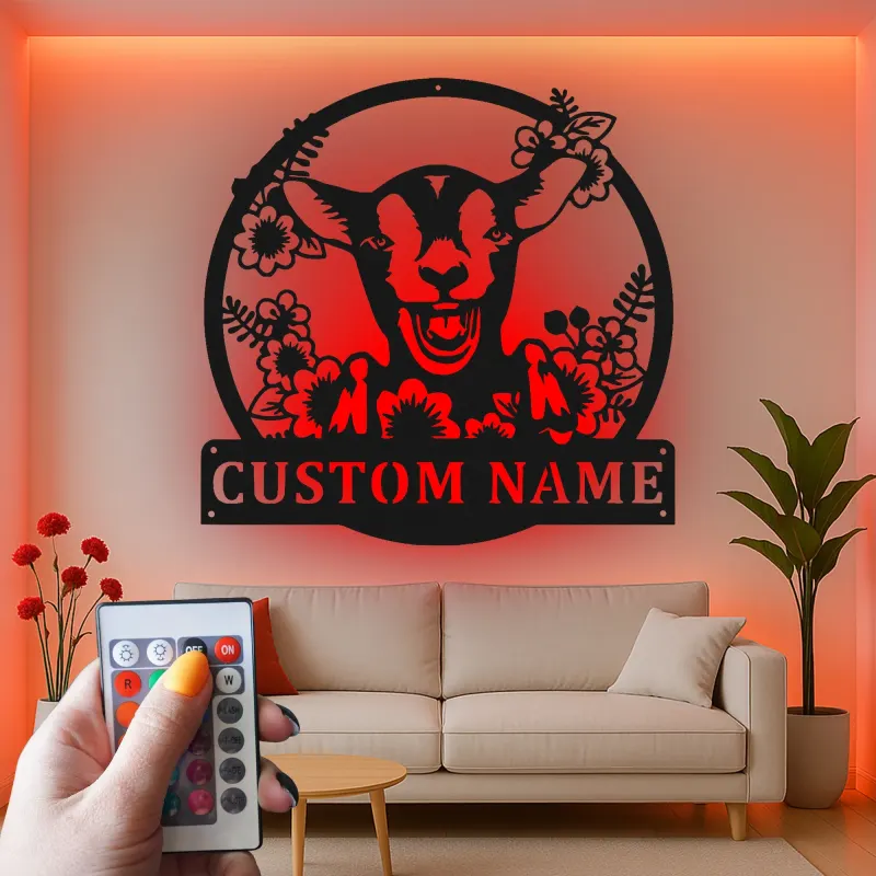 Cartel de cabra personalizado con LED | Arte mural de metal personalizado | Decoración farmhouse para granero o hogar | Regalo para amantes de las cabras