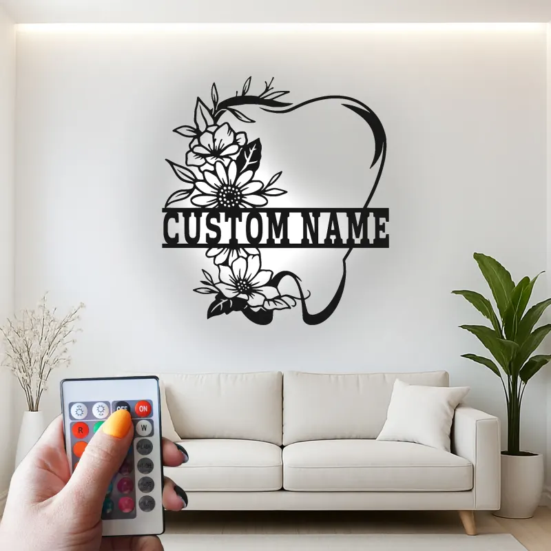 Custom Floral Tooth Led Light Metal Wall Art Personalized Dental Office Decor Unique Dentist Gift