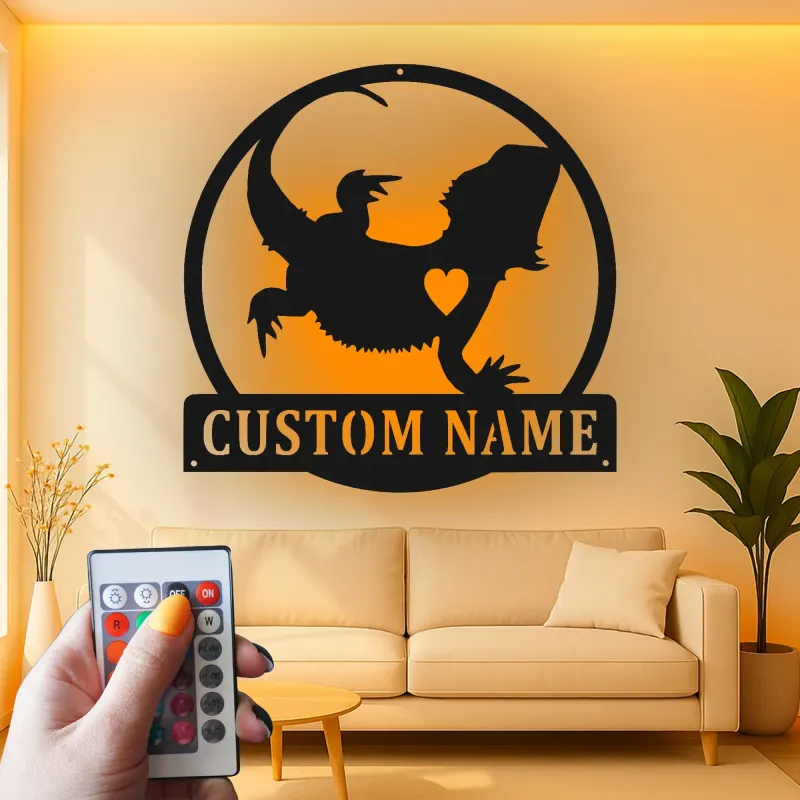 Cartel de metal personalizado con luz LED de dragón barbudo Regalo para amantes de reptiles Decoración de dormitorio o salón 2