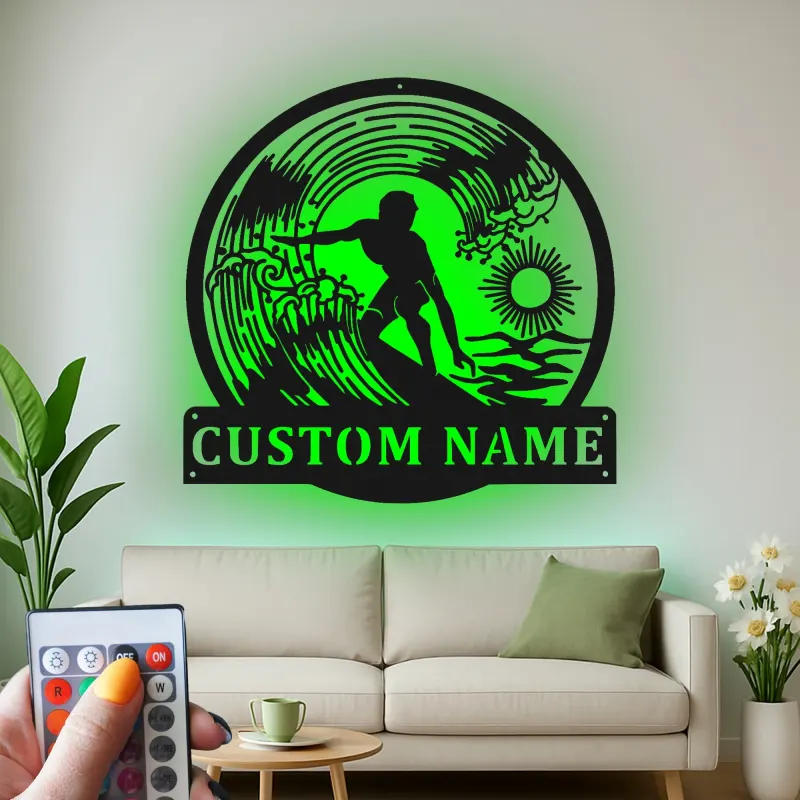 Personalized Surfer Light Metal Wall Art | Custom Name Sign for Beach House Decor | Coastal Surfing Gift