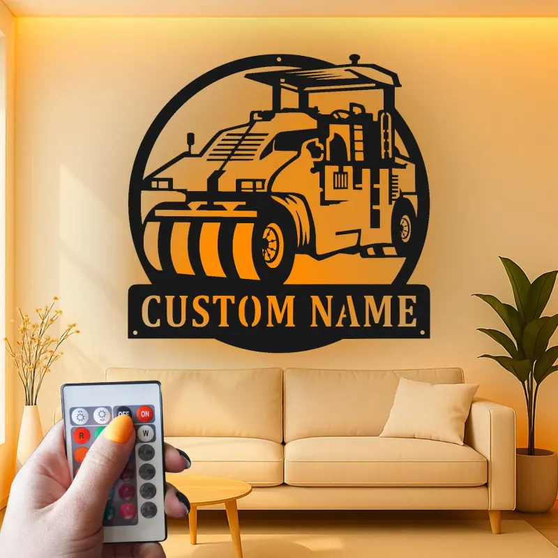 Personalized Road Roller Metal Sign | LED Lighted Heavy Equipment Art | Custom Name Construction Vehicle Decor | Gift for Operator