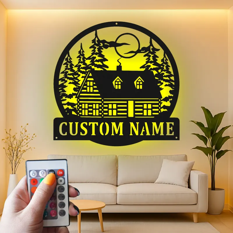 Custom Cabin in the Woods Led Light Metal Wall Art Personalized Housewarming Gift Rustic Home Decor