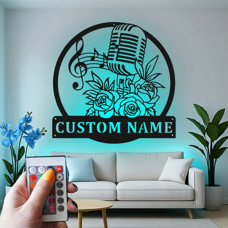 Panneau Métallique Microphone Personnalisé | Décoration Murale Art Déco Rétro | Cadeau Musicien Personnalisé | Décor de Studio de Musique Rétro