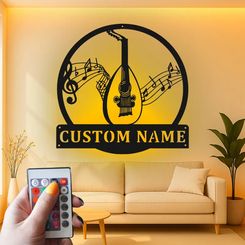 Panneau personnalisé en forme d'oud | Art mural en métal avec rétroéclairage LED | Cadeau personnalisé pour musicien | Décor de salle de musique