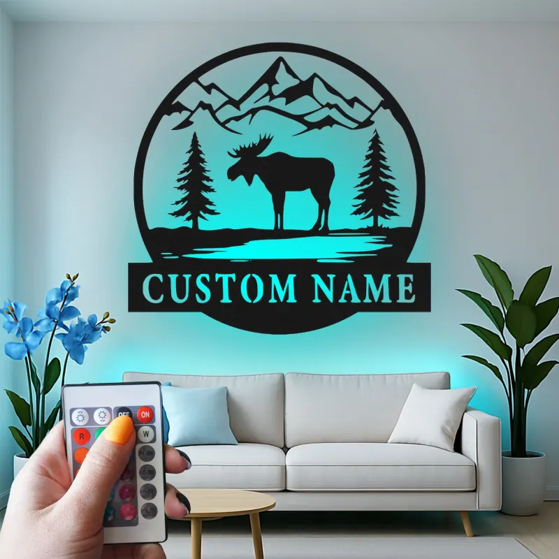 Moose Silhouette LED Metal Wall Art | Custom Name Sign for Cabin | Rustic Mountain Decor Gift