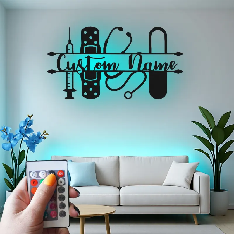 Personalized Nurse Name Sign with LED | Custom Medical Tools Metal Art | Clinic & Office Wall Decor | RN Graduation Gift