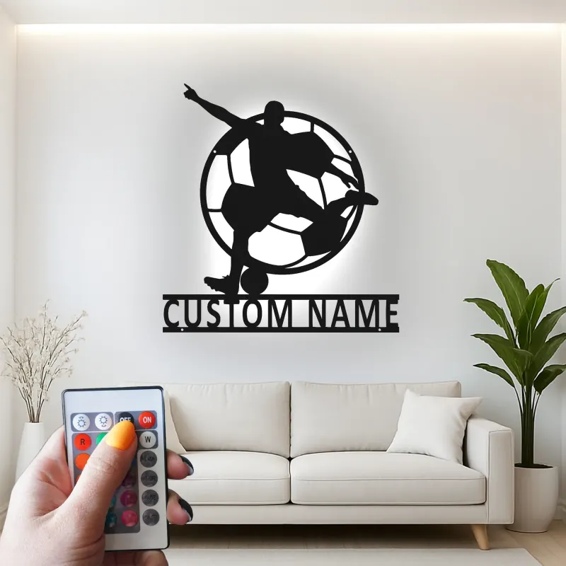 Cartel LED de Jugador de Fútbol Personalizado | Decoración Mural de Metal Personalizada | Decoración para Habitaciones de Atletas y Regalo para Niños | Placa de Nombre Iluminada para Bar Deportivo