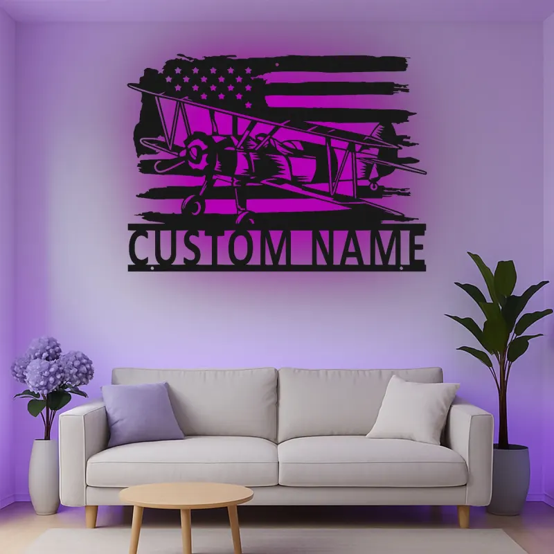 Personalisierte Vintage Doppeldecker LED Licht Metall-Wandkunst Geschenk für Piloten mit amerikanischem Flaggen-Design