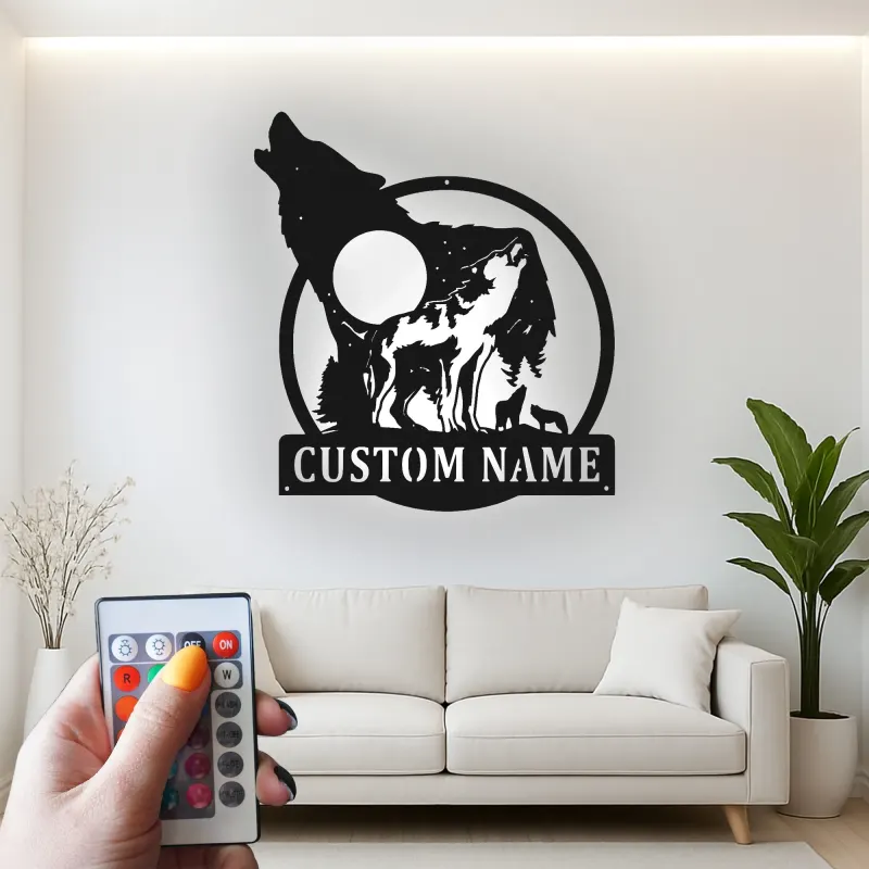 Custom Wolf Pack Led Light Metal Wall Art Personalized Nature Lover Gift Rustic Cabin Decor