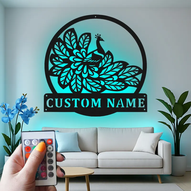 Peacock Metal Wall Art | Personalized LED Sign with Name | Elegant Home Decor Gift for Mom | Custom Bird Silhouette for Living Room