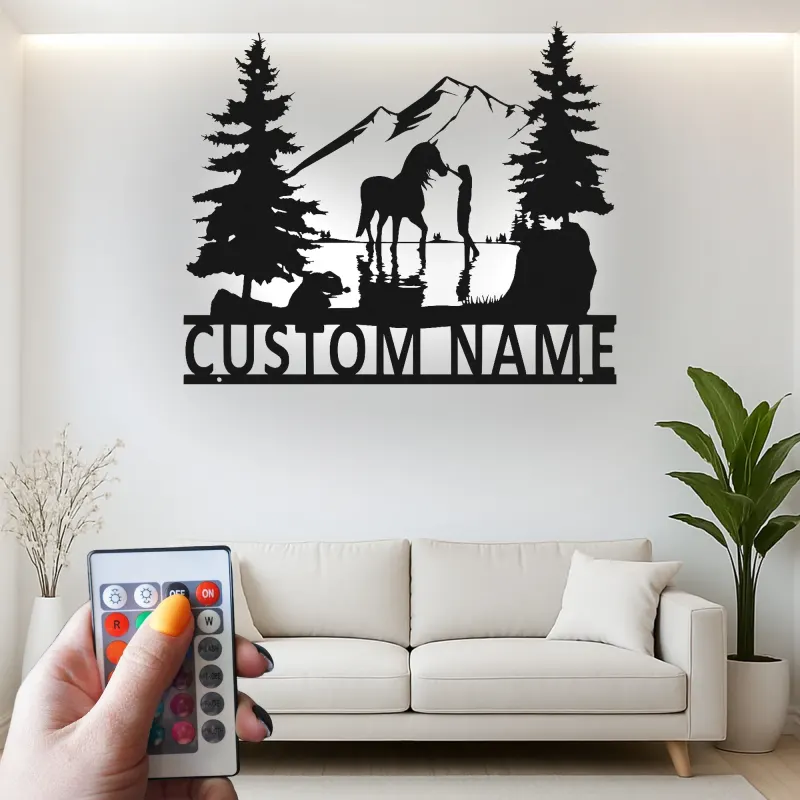 Arte mural de metal personalizado con caballo | Cartel LED ecuestre a medida | Decoración rústica de casa de campo | Regalo para amantes de los caballos