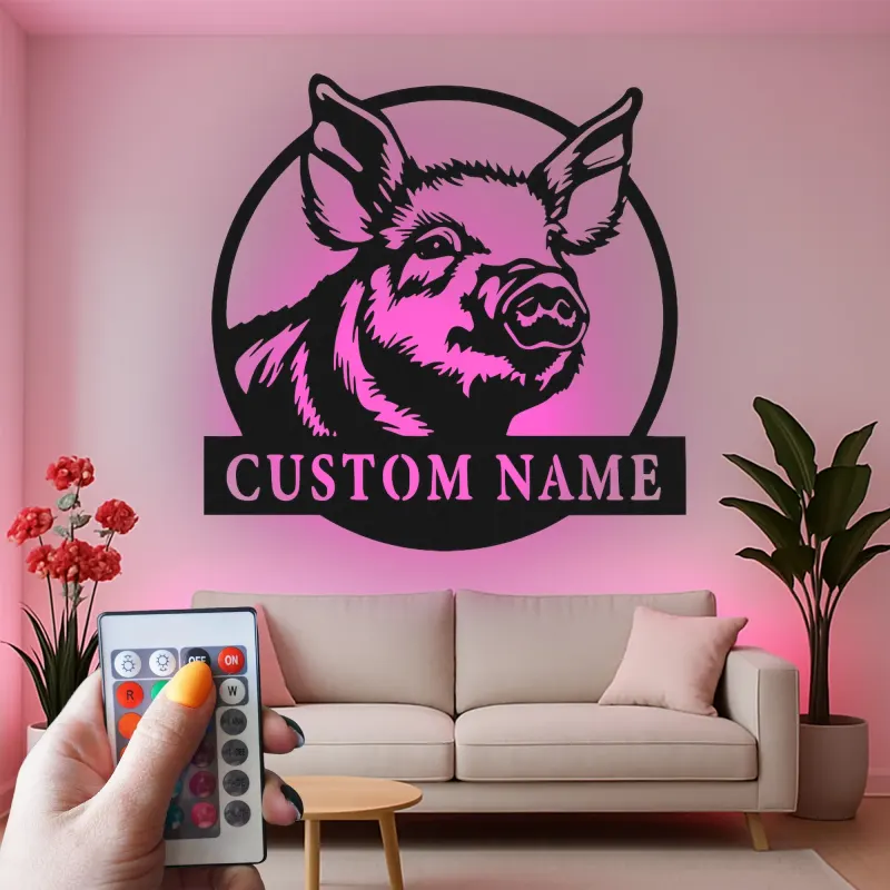 Cartel de metal personalizado de cerdo | Decoración de cocina de granja con LED | Arte mural rústico personalizado para regalo de granja o hogar