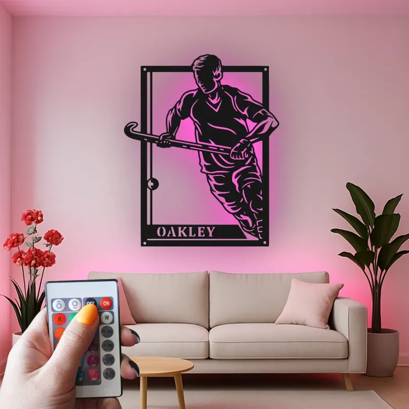 Custom Field Hockey Player Led Light Metal Wall Art Sports Gift for Athletes Game Room Decor