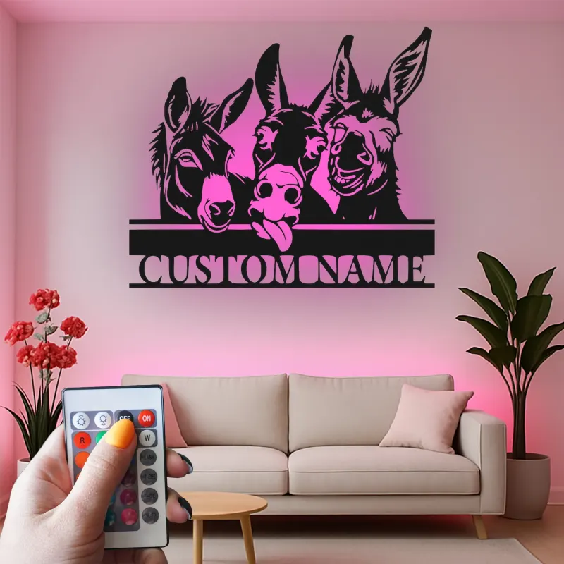 Insegna in metallo LED Donkey Trio Personalizzata Regalo per Fattoria Decorazione Soggiorno Rustico