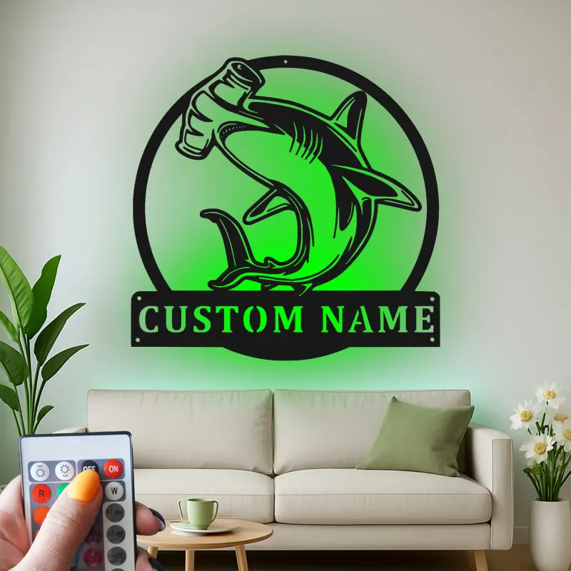 Cartel personalizado de tiburón martillo | Arte mural LED de metal personalizado | Decoración de depredador oceánico para cueva del hombre u oficina | Regalo para pescador