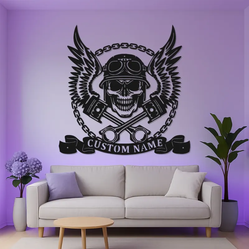 Cartel de garaje personalizado para moteros | Arte mural de calavera de metal LED | Decoración personalizada para motocicletas en el man cave o taller