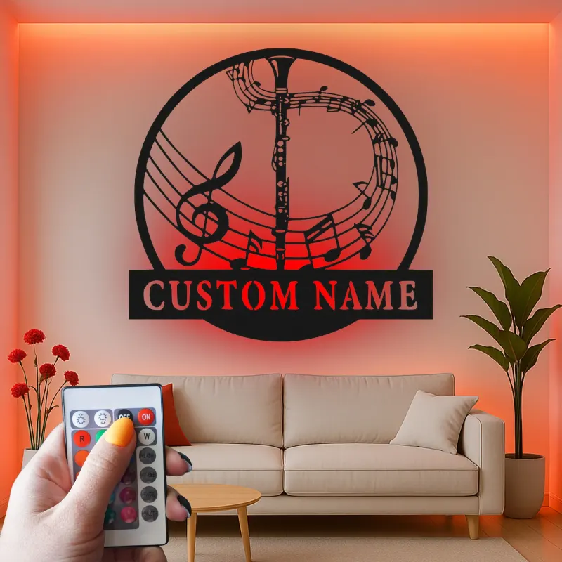 Insegna in metallo LED personalizzata con note musicali e trombone - Regalo per amanti della musica, decorazione per soggiorno o studio