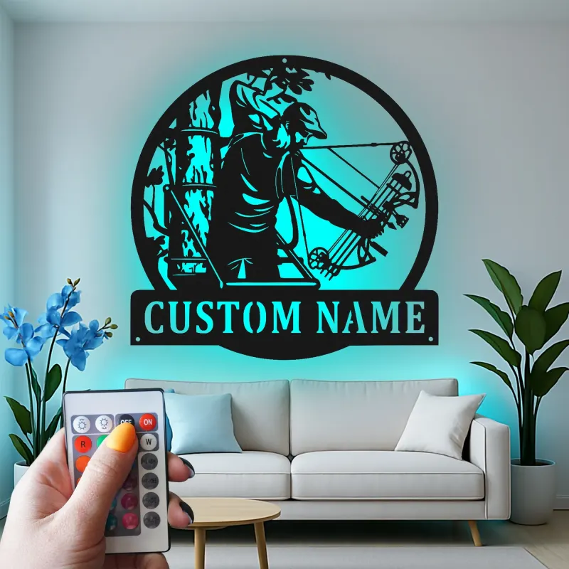 Custom Bow Hunter Led Light Metal Wall Art Personalized Gift for Archers Man Cave or Hunting Lodge Decor