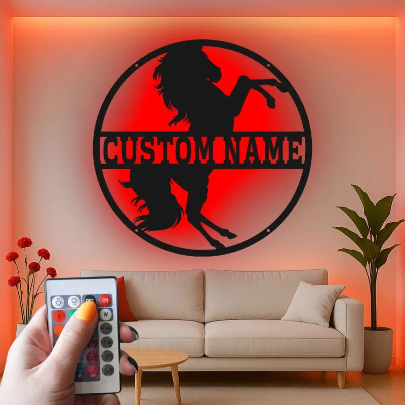 Plaque cheval en métal personnalisée | Décoration murale LED sur mesure pour grange et écurie | Cadeau équestre