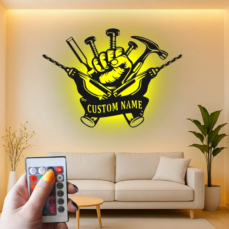 Insegna LED personalizzata per tuttofare | Insegna in metallo personalizzata per officina e garage | Regalo industriale per falegname