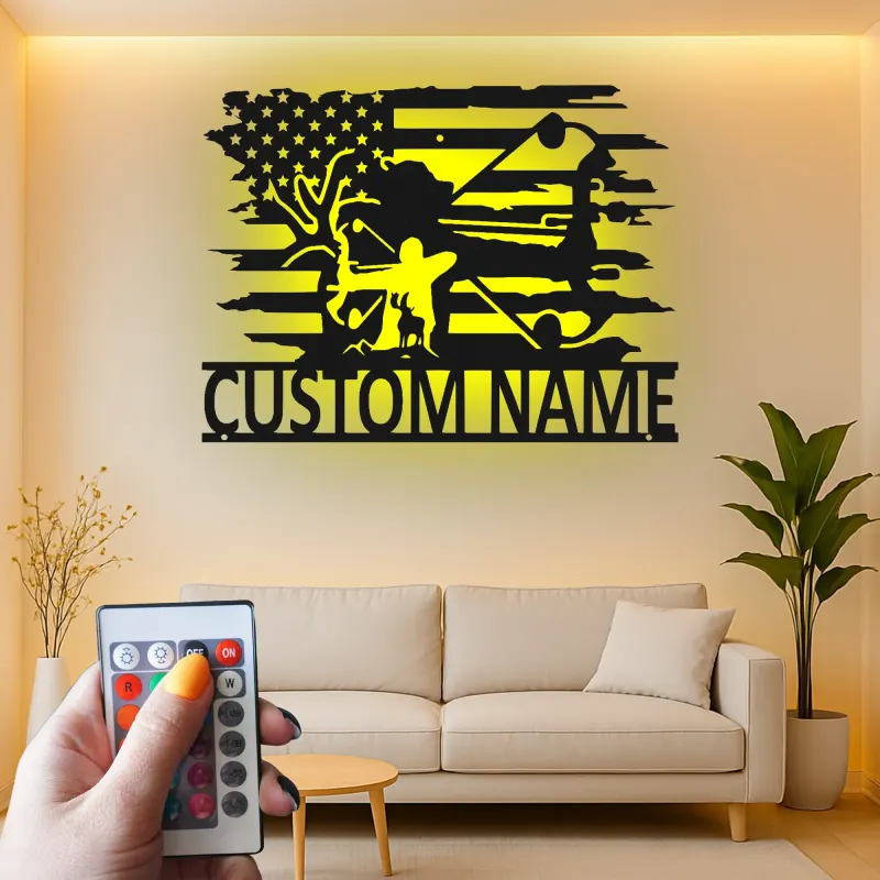 Insegna in metallo LED personalizzata per cacciatori di archi - Regalo per appassionati di tiro con l'arco - Decorazione per man cave o garage