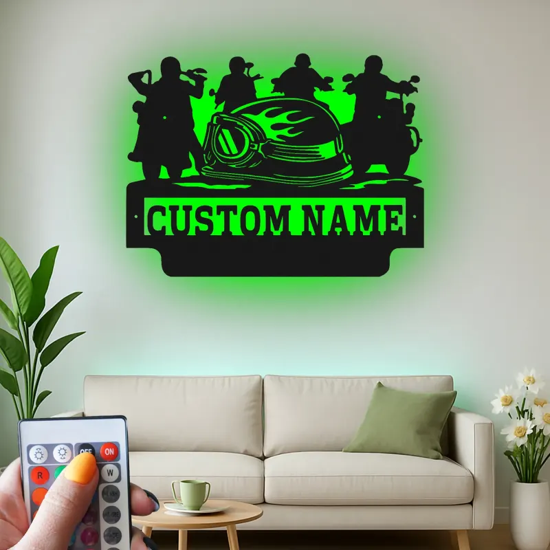 Panneau en métal de moto personnalisé avec LED | Art mural de nom de biker sur mesure | Décoration de cave à vin et garage | Cadeau pour pilotes