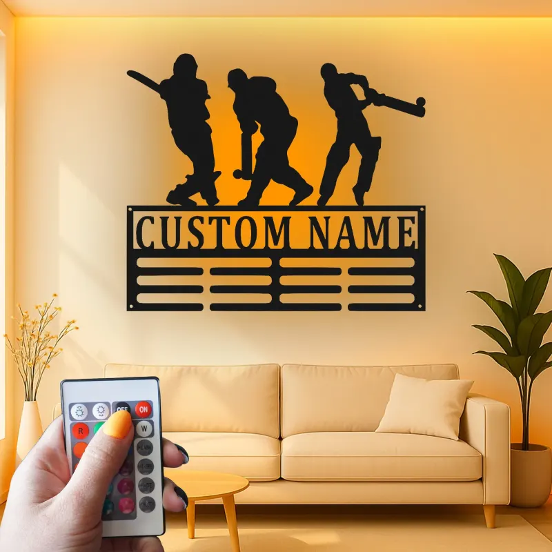 Insegna in metallo personalizzata con giocatore di cricket luce LED regalo sportivo per lui decorazione per sala giochi
