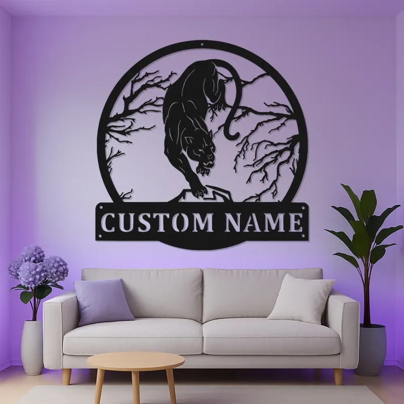 Art mural LED panthère féroce en métal | Plaque personnalisée avec nom pour man cave | Décoration murale faune sauvage, cadeau pour chasseur