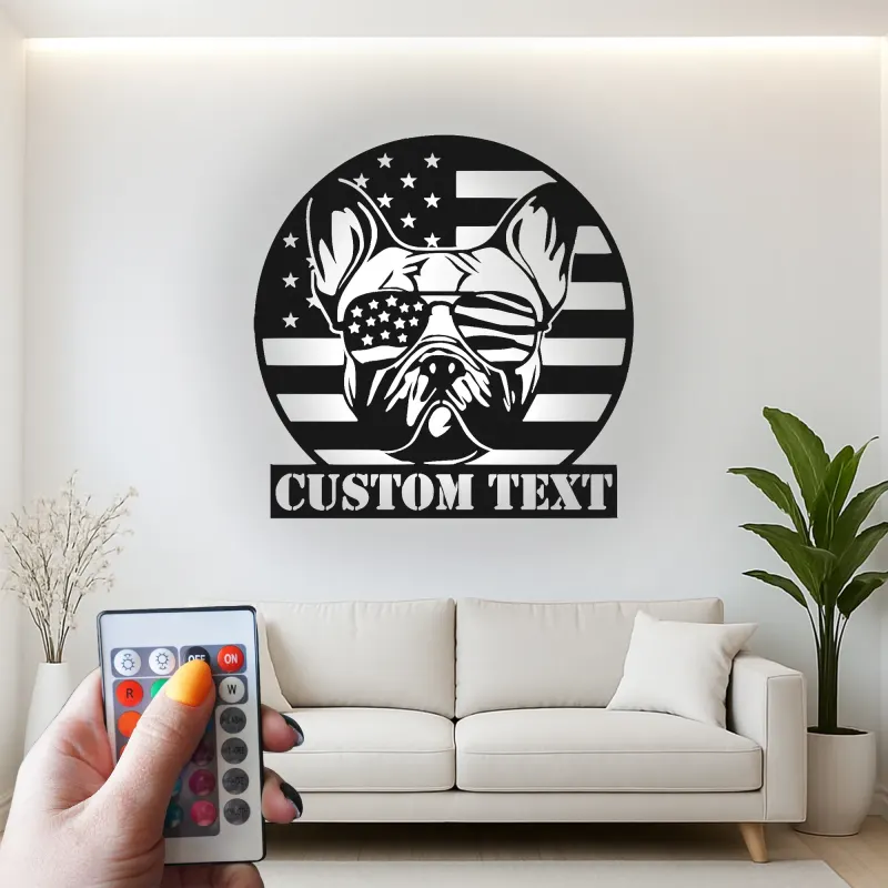 Décoration murale en métal personnalisée avec bulldog et drapeau américain éclairée LED - Cadeau patriotique pour les amoureux des chiens