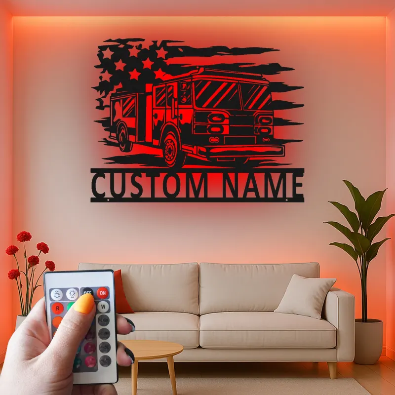 Cartel LED de bombero personalizado | Arte mural de metal de camión de bomberos personalizado | Regalo para primer respondedor | Decoración de pared de estación de bomberos